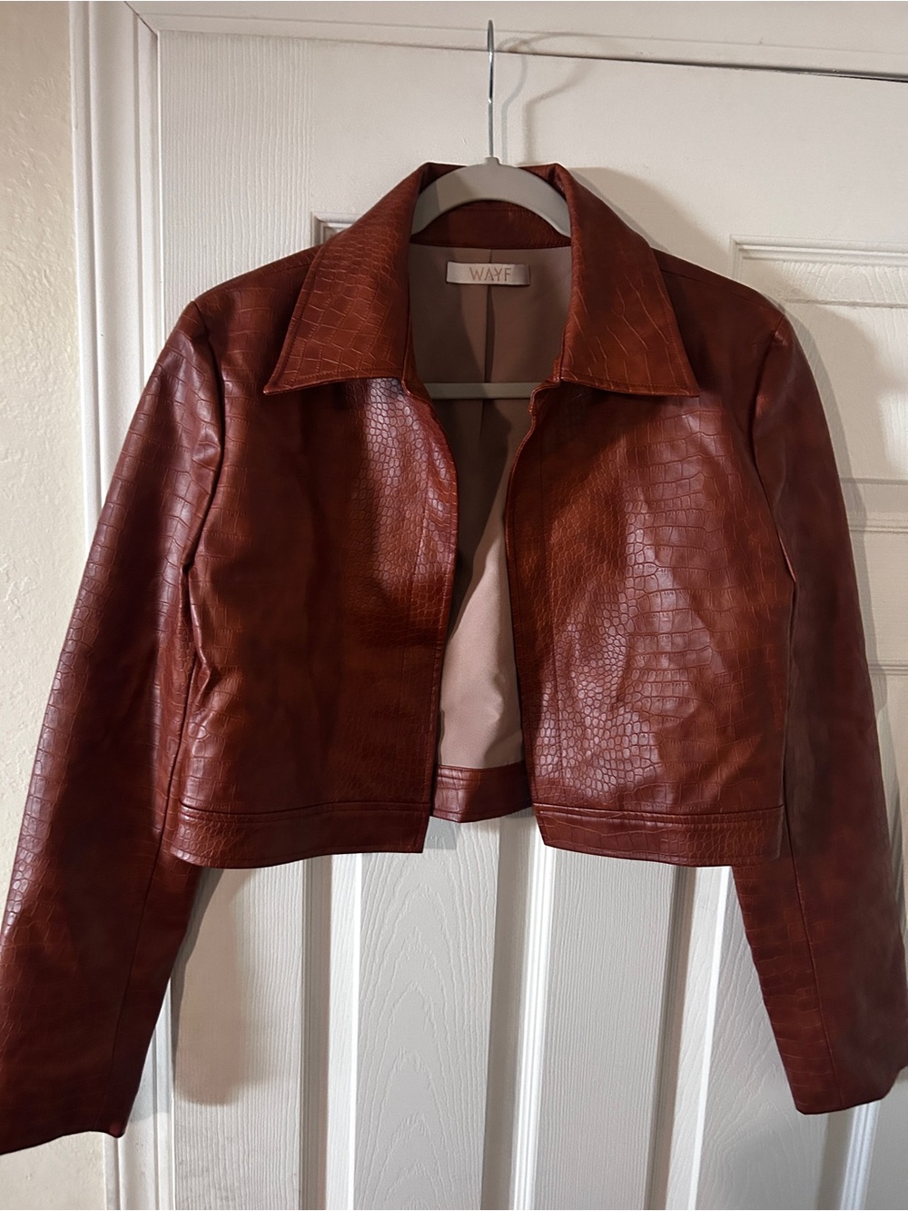 Wayf Cropped Faux Leather Jacket in Rich Brown
